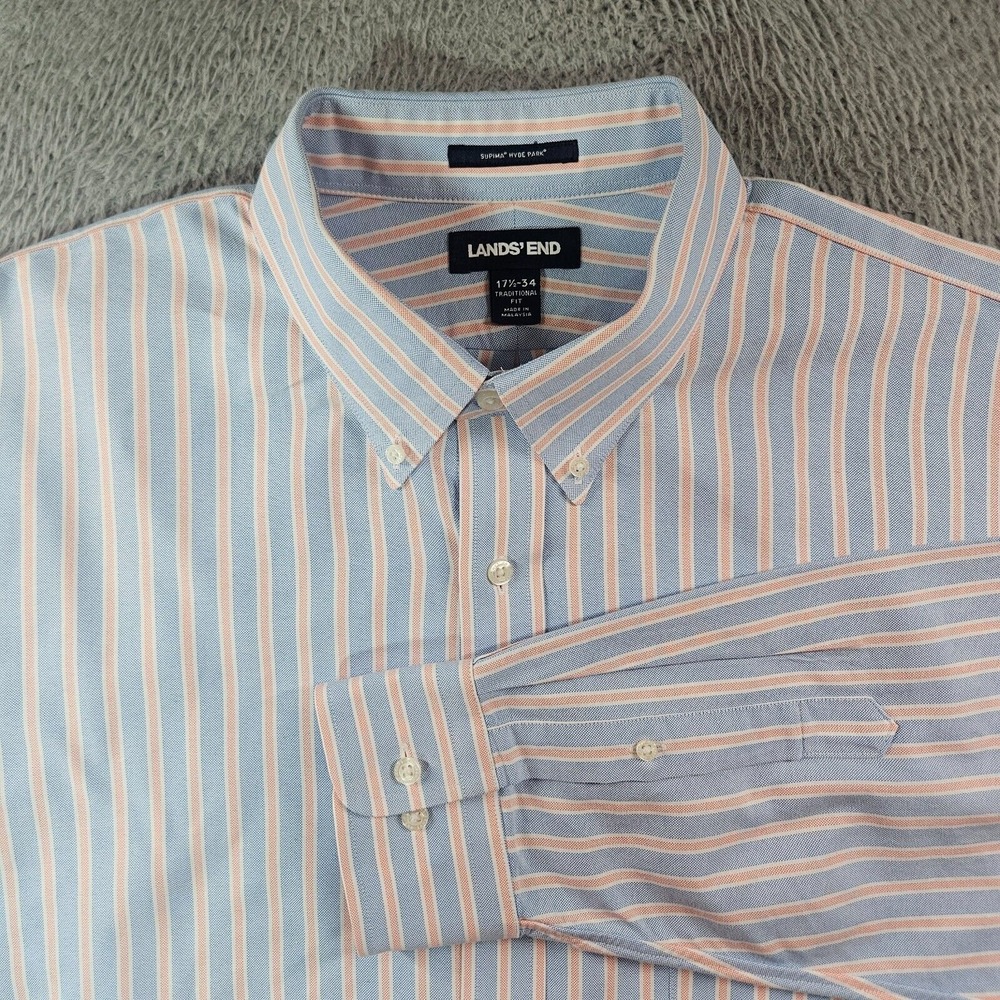 Lands' End Dress Shirt Men 17.5 34 Button‎ Up Long Sleeve Blue Orange Striped